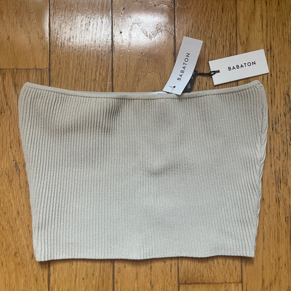 NWT babaton Aritzia sculpt knit cropped tube top in matte pearl color